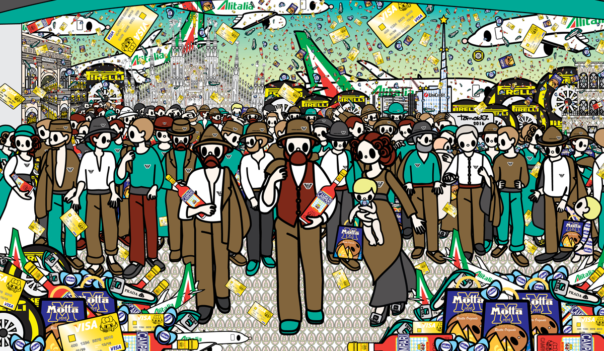 Il quarto stato with motta, campari, firelli, armani, prada, chicco, alitalia and visa at piazza duomo